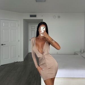 Chic Beige Long Sleeve Mini Dress